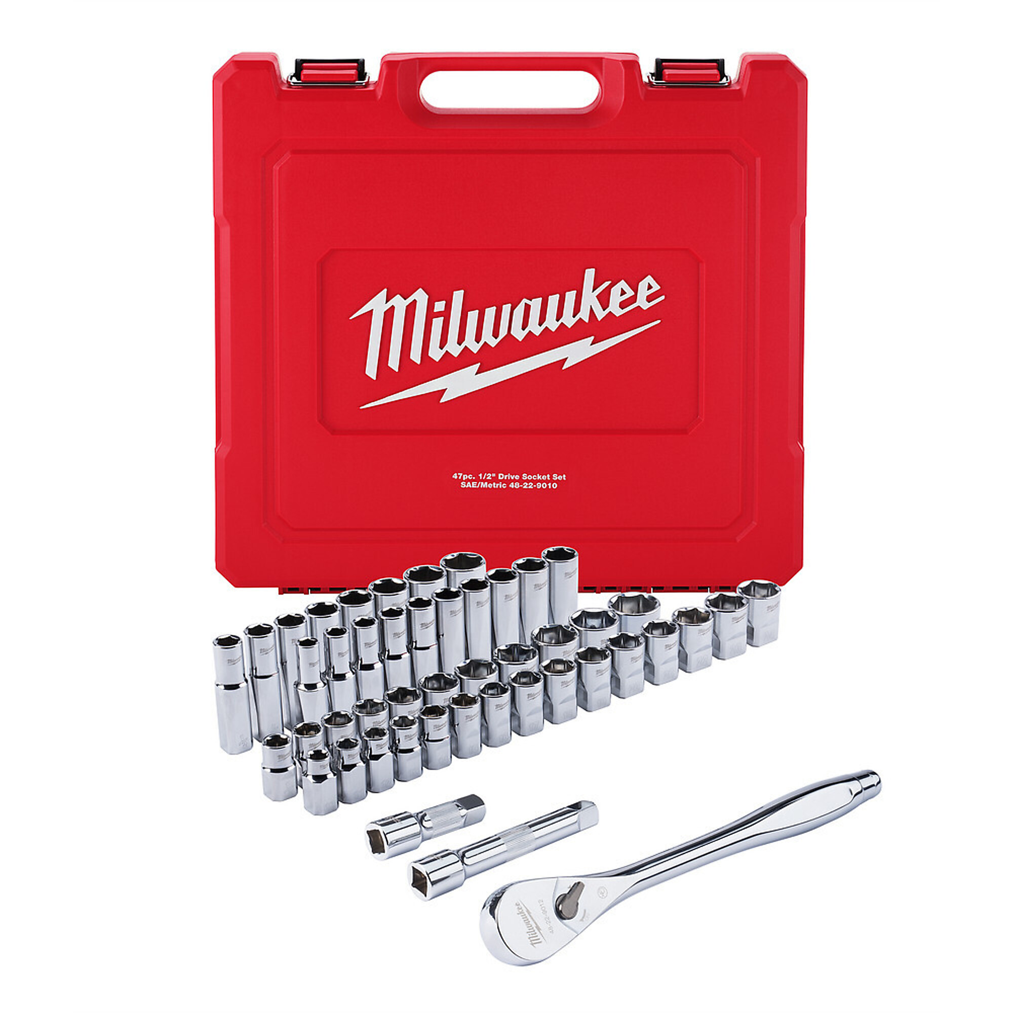 Milwaukee 1/2in.-Drive Ratchet and Socket Set, 47-Pc., SAE and Metric, Model# 48-22-9010